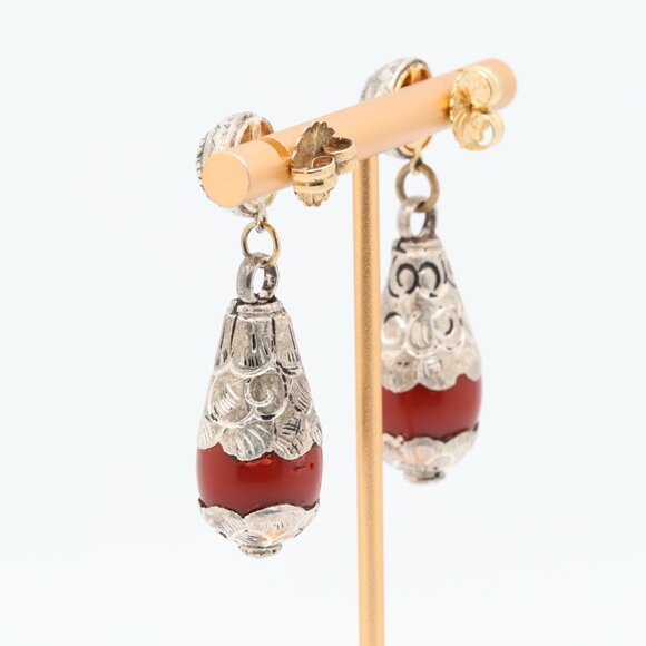 Vintage Sterling Silver Red Coral Teardrop Dangle Earrings - Picture 3 of 6